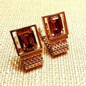Gold Mesh Mens Wrap Cufflinks Rectangular Amber Stones & Geometric Design